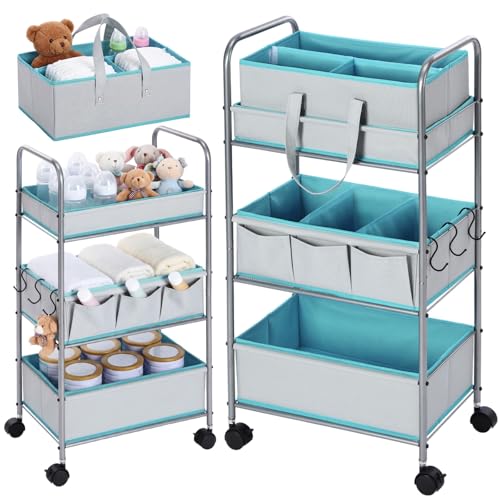 FoldTier 2in1 Colorful Baby Diaper Caddy Organizer Cart 3 Tier Large Capacity Metal Utility Bedside Rolling Cart with Divider for Newborn Nursery Essential Must Have Crib Bedroom Baby Shower (Blue) - color: Blue