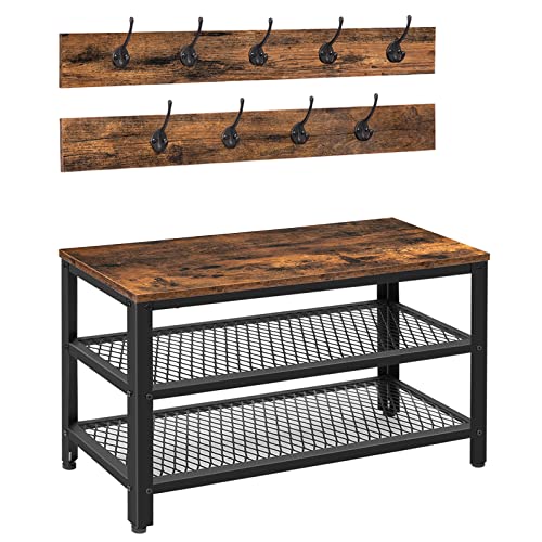 HOOBRO Hall Tree Entryway Storage Bench, Coat Rack Shoe Bench, Shoe Rack Organizer with Coat Hooks, 3-in-1 Design, Wooden Furniture with Metal Frame, Rustic Brown and Black BF17MT01 - color: Rustic Brown, Black, size: 28.7"L x 11.8"W x 17.5"H