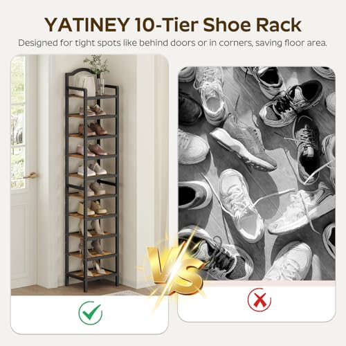 YATINEY 10-Tier Tall Shoe Rack, Vertical Shoe Organizer for Small Spaces, Wooden Shoe Shelf for Entryway, Space Saving Shoe Storage, Holds 10 Pairs of Shoes, Rustic Brown and Black SS50BR - color: Rustic Brown + Black, size: 11" x 11" x 72"
