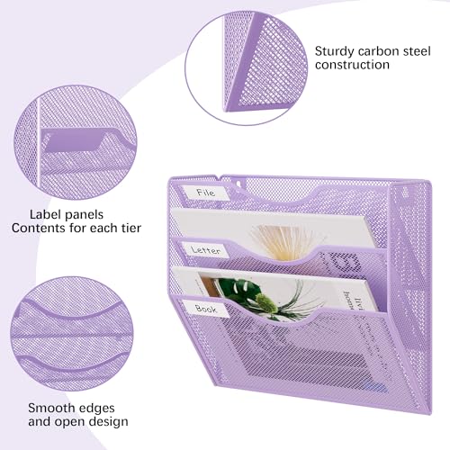 EasyPAG 3 Pocket Mesh Wall File Organizer, Hanging Paper Folder Holder with Classify Label, Vertical Wall Mount Mail Organizer for Office Home Classroom, Purple - color: Purple, size: 3 Tier