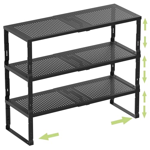 Heavy-Duty Adjustable Metal Shelf Organizer - Expandable & Stackable Pantry Storage Rack for Kitchen, Bathroom, RV, Cabinets(3 Packs/Black, Medium) - color: 3 Packs/Black, size: M:7.8"D x 16.5"W x 8.2"H
