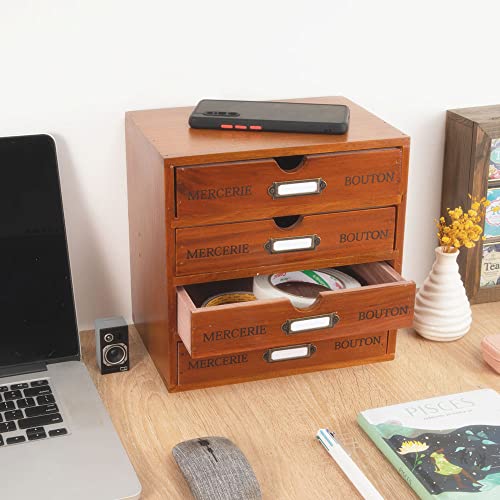 Wooden Storage Box Rustic Desktop Organizer with Drawers/Labels 4 Tier Office Desk Accessories Shelf with A6 Clipboard Small Craft Storage Apothecary Cabinet and Chest Jewelry Holder for women