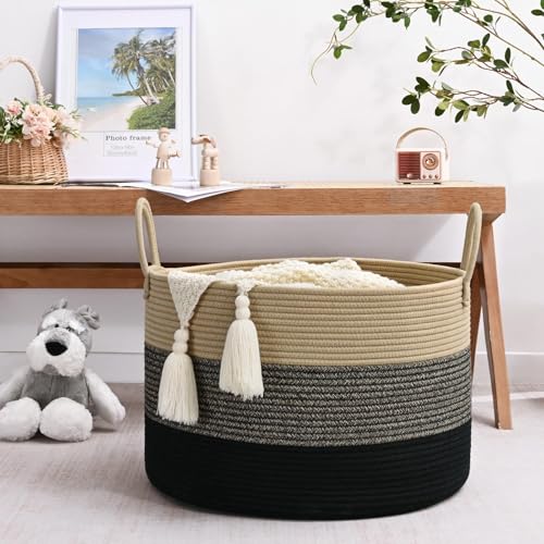 Extra Large Toy Basket, 20"x13" Kids Toy Storage for Playroom Classroom Nursery, Woven Rope Blanket Basket with Handles, Stuffed Animal Organizer & Dog Toys Basket, Black & Brown - color: Black & Brown - Wide