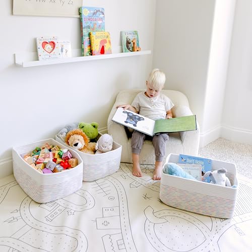 NaturalCozy Storage Baskets 16.8”x13”x7.6” Cotton Rope Woven Baskets for Organizing 3-Pack | Toy Storage Bins | Basket for Shelves, Laundry, Blanket, Clothes, Closet, Kitchen, Bathroom, Gifts - color: Off White & Rainbow Stitching