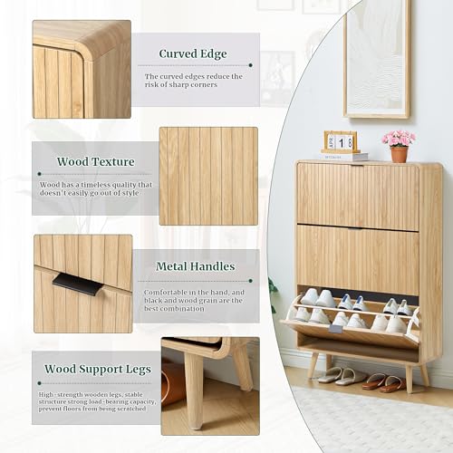 FurSch Fluted 47 Inch Tall Shoe Cabinet with 3 Flip Drawers, Narrow Hidden Shoe Storage Organizer Rack for Entryway Hallway (All Natural) - color: All Natural