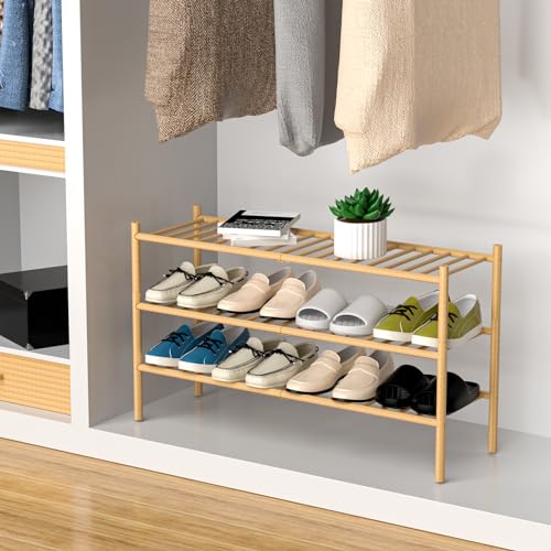 ROMGUAR CRAFT 3-Tier Bamboo Long Shoe Rack, Free Standing Wood Shoe Shelf Storage Organizer for Closet Entryway Stackable 35"x11"x20" (Natural) - color: Natural, size: 3-Tier(Long)