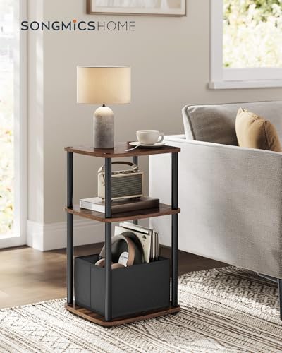 SONGMICS Home Side Table, 3-Tier Nightstand with Storage, End Table with Fabric Basket, for Bedroom, Living Room, Steel Frame, Superfast Toolless Assembly, Modern, Ebony Walnut ULET286K01 - color: Ebony Walnut, size: 1 pack
