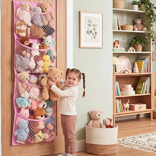 Over The Door Stuffed Animal Storage, Cotton Toy Organizer for Storage Plush Toys,Baby Supplies, Stuffed Animal Holder with 4 Large Pockets, Hanging Door Organizer for Nursery, Bedroom (Pink) - color: Pink, size: Normal
