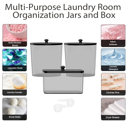 COAZEX 3 Pack Laundry Powder Container & Dryer Sheet Holder, Plastic Laundry Room Organization and Storage Jars with Lids, Labels & Scoops for Powder, Detergent, Scent Booster (Black) - color: C-Black(Black Lid)