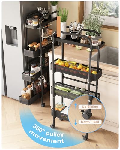 UMDONX Slim Storage Cart 4 Tier with Pull Out Basket Bathroom Organizer Rolling cart, Rolling Utility Cart Slide Out Organizer for Kitchen, Bathroom, Laundry Black - color: Black