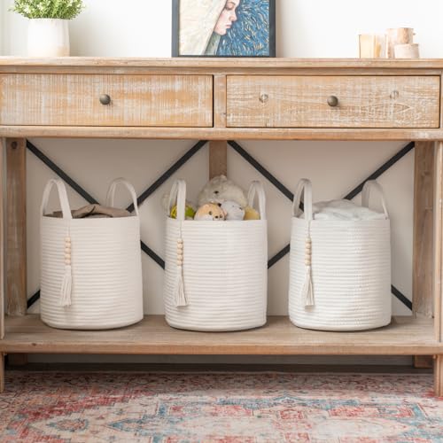 Mkono Woven Storage Basket with Handles Decorative Cotton Rope Basket Wooden Bead Decoration for Blankets,Toys,Clothes,Living Room Home Decor, 11", White - color: White, size: 11"W x 11"L