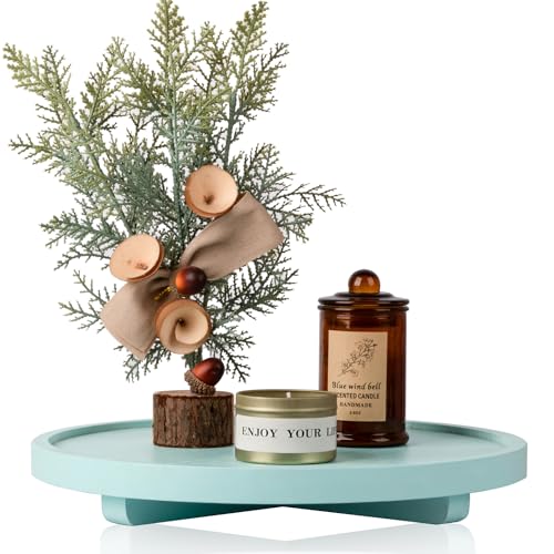 Round Decorative Tray Wood Bathroom Counter Organizer Farmhouse Kitchen Decor Wooden Riser for Soap Dish, Perfume, Candle, Sponge, 12" - Light Blue - color: Light Blue, size: 12"
