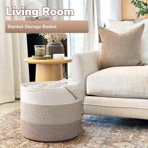 Goodpick Large Woven Basket, Blanket Basket Living Room 15.8"x15.8"x13.8", Woven Storage Bin for Baby Laundry, Light & Brown - color: White & Light Brown, size: 15.8x15.8x13.8 Inch (Pack of 1)