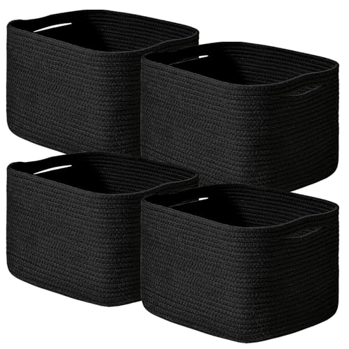 ICERZCZ Black Storage Baskets for Shelves, Small Storage Baskets for Organizing, Woven Cotton Rope Baskets for Storage, Book Basket, Decorative Shelf Basket, 12.5"Lx9.1''Wx7.9''H (4 Packs) Black - color: Black, size: 12.5"(l)×9.1"(w)×7.9"(h)