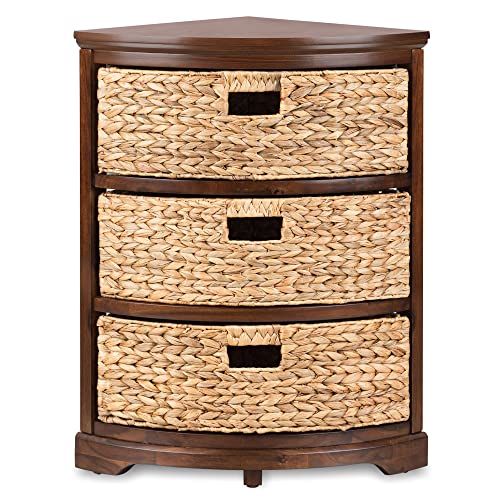 eHemco Hampton Meadows 3 Tier X-Side Corner Table Storage Cabinet with 3 Wicker Baskets, Walnut - color: Walnut, size: 14"D x 14"W x 25.5"H (3 Drawers)