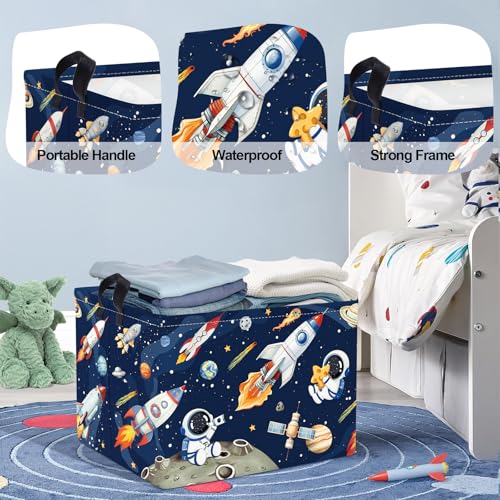 Space Rockets Laundry Hamper Cartoon Astronaut Large Storage Basket Planet Collapsible Parents Organizer Boys Clothes Toy Bins for Bedroom, Bathroom, Blue, 36L - color: Blue, size: 36L
