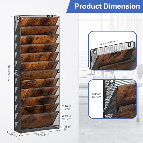 TQVAI 12-Tier Hanging Wall File Organizer - Folding Wall Mounted Mail Document Holder, Metal Clipboard Storage Rack for Office, Homeschool, Classroom Organization, Black/Vintage - size: 12 Tier