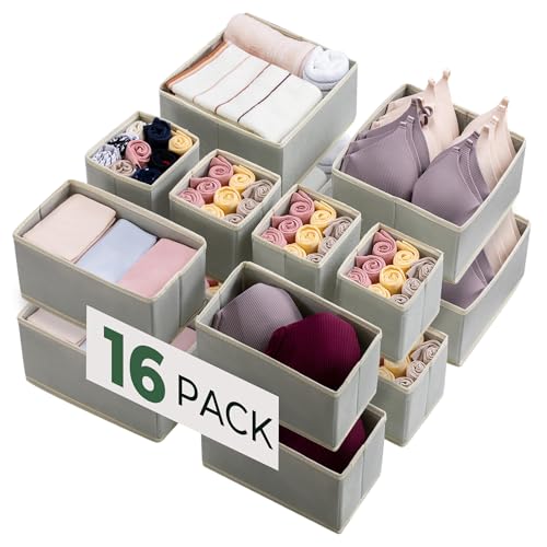Kootek 16 Pack Drawer Organizer Clothes, Dresser Drawer Organizers for Clothing Fabric Foldable Closet Organizers and Storage Bins for Baby Clothes, Nursery, Underwear, Bras, Socks - color: Grey
