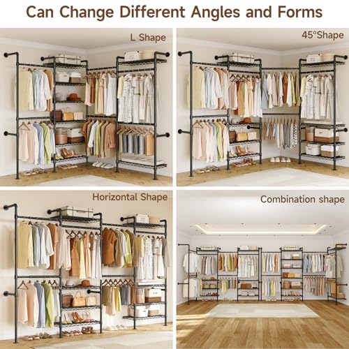ONBRILL L4 Wall Mounted Industrial Pipe Clothing Rack, Closet Organizer System with 6 Hanging Clothes Rods ( 4 Expandable Rods) & 8 Shelves, Heavy Duty Corner Garment Rack, Large Wardrobe - Black - color: Black