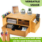 Hiceeden 2 Tier Bamboo Desktop Organizer, Desk Monitor Stand Riser with 1 Drawer and 2 Pen Holder, 2 Compartment Computer Desk Storage Organizer for Laptop, Printer