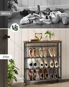 CHOEZON Shoe Rack, 4-Tier Narrow Shoe Storage Shelf, Slim Shoe Rack with Wooden Top and Metal Shelves, Slanted Shoe Organizer, Industrial Style, for Entryway, Hallway, Rustic Brown and Black TXJ76BF