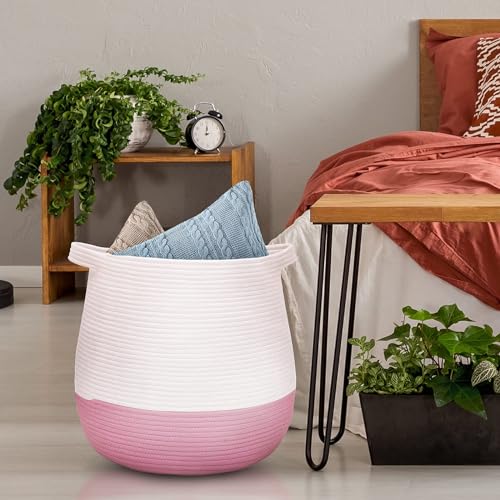 Large Cotton Rope Basket, Woven Storage Basket for Toy, Laundry and Blanket Organizer, Round Hamper Basket with Handles for Kid's Room 17.7"x16.9" - color: pink, style: Minimalist