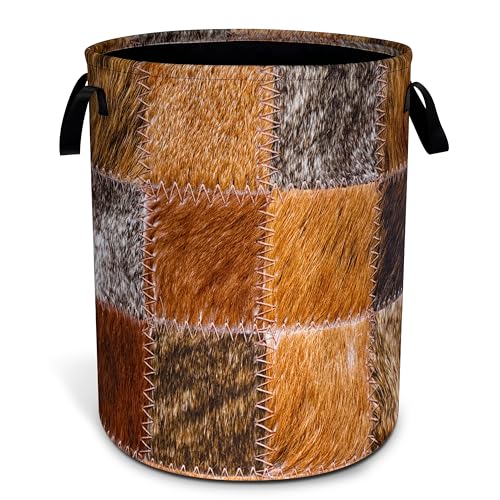 Faux Cowhide Patchwork Pattern Laundry Basket Oxford Cloth Funny Texture Laundry Hamper With Handle Foldable Portable Clothes Storage Basket 18.9 X 16.5 Storage Bag For Laundry Room/Bathroom/Bedroom - color: Faux Cowhide Patchwork Pattern