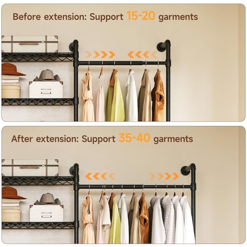 L2 Wall Mounted Closet System, Industrial Pipe Clothing Rack Clothes Racks with 2 Telescopic Rod & 6 Shelves, Heavy Duty Closet Organizers System in Wardrobe Closet, Black - color: Black
