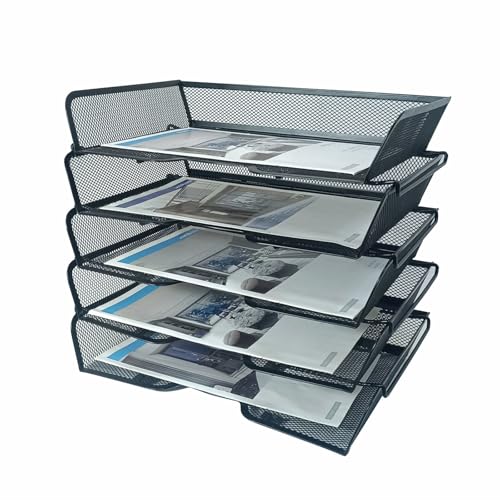 5 Tier Metal Mesh Desk Organizer-Stackable Letter Trays for Office Supplies,Black File Storage System with Reinforced Edges