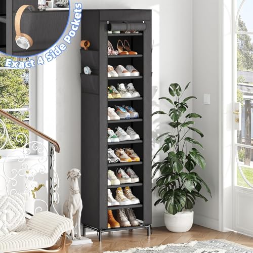 Simple Trending Narrow Shoe Rack with Cover, 10 Tier Shoe Organizer Storage, Tall Free Standing Shoe Cabinet Holds 20 Pairs for Closet, Black - size: 10 Tiers Narrow with Cover, Black