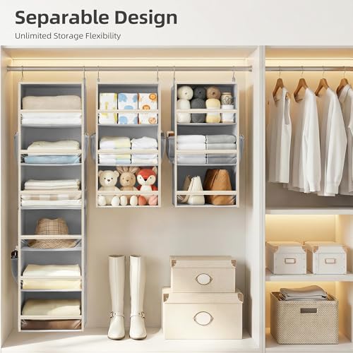 STORAGE MANIAC 6-Shelf Hanging Closet Organizer and Storage, 2 Separable 3-Shelf Haning Organizers for Closet, Collapsible Hanging Shelves Wardrobe Organization, College Dorm Room, Nursery, Gray - color: Grey