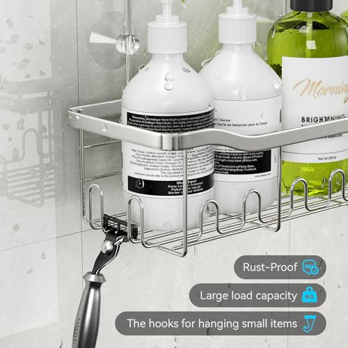 BYT Shower Caddy Hanging, Shower Organizer Hanging for Bathroom, Shower Basket with Hooks, Shower Storage, Shelf, Rack No Drilling for Faucet or Cross Bar (Silver) - color: Silver