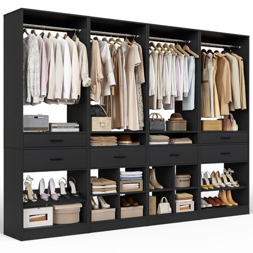 Unikito Closet System, 8.3FT Closet Organizer with 6 Wooden Drawers, Hanging Rods, Adjustable Shoe Rack and Cube Storage, Easy Assembly Wardrobe Tower, Set of 4, Black - color: Black, size: 100 Inch