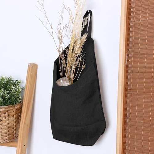 100% Linen Hanging Storage Bags Baskets 2 Pcs, Small Wall Storage Bag for Kitchen, Bedroom, RV Camper Organizer, Sewing Room, Nursery Storage, Kids Room (Black) - color: Black
