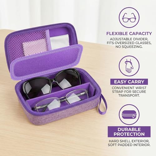 GWCASE Travel Glasses Organizer & Contact Lens Case - Adjustable Slots, Built-in Mirror, Tweezers, Solution Bottle & Hand Strap, Universal Fits Eyelasses/Sunglasses for Men & Women – Purple - color: Purple
