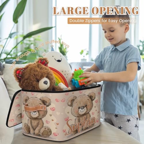 Custom Storage Basket with Name, Personalized Storage Bins with Zipper Lid, Foldable Fabric Storage Box Large capacity with Handle Love Bear - color: Option 25