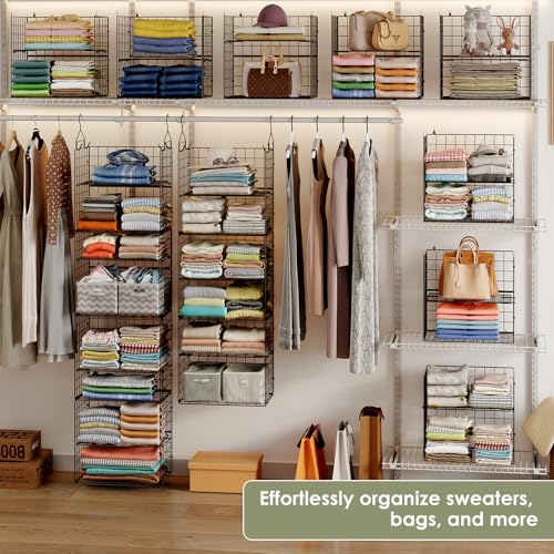 Hanging Closet Organizer and Storage - 8 Tier Closet Hanging Organizer Shelves, Metal & Foldable Hanging Storage Organizer Baskets with Adjustable Dividers for Clothing Sweaters Shoes Handbags - color: Black, size: 8-Tier