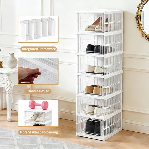 ZLLZUU Upgrade Clear Foldable Shoe Storage Organizer, No Assembly 6 Tiers Shoe Box with Fully Clear Door, Plastic Stackable Shoe Rack for Sneakers, Sturdy Shoe Storage Containers Bins - color: Transparent-6Tiers