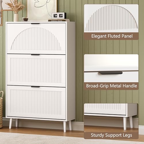 BORNOON Shoe Cabinet for Entryway with 3 Flip Drawers, Slim Wooden Shoe Storage Organizer with Modern Fluted Pannel，Freestanding Narrow Hidden Shoe Rack for Hallway, Foyer, Living Room - color: White, size: 3 Flip Drawers