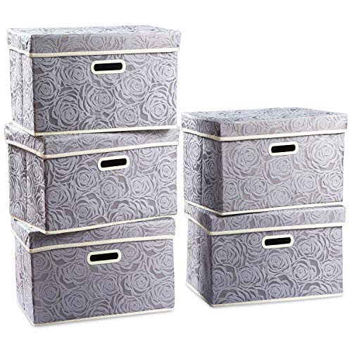 PRANDOM Foldable Storage Bins with Lids [5-Pack] Fabric Decorative Storage Box Cubes Organizer Containers Baskets with Cover Handles Divider for Bedroom Closet Living Room Grey 14.9x9.8x9.8 Inch - color: Gray, size: Medium(5-Pack)