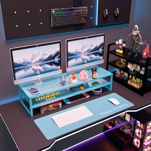 Simple Trending 2 Tier Metal Dual Monitor Stand Riser, Computer Office Desktop Organizer for 2 Monitors with 32"x10" Mouse Pad for Laptop, Printer, TV, Blue - color: Blue