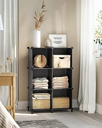 SONGMICS 6 Cube Storage Organizer, Modular Bookshelf, DIY Closet Organizers and Storage, Plastic Stackable Shelves, 11.8 x 11.8 x 11.8 Inch Cubes, with Feet and Rubber Mallet, Black ULPC06H - color: Black, size: 11.8"L x 11.8"W x 11.8"H