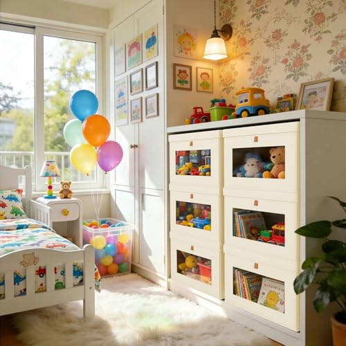 DIMJ Storage Bins with Lids - 6 Pack Large Fabric Closet Organizer with Window & Handles, Collapsible Decorative Storage Boxes for Shelves Under Bed, Books Clothes Blankets Sweaters Organization - color: Beige, size: Small-6 Pack