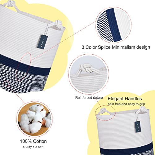 COMSE Extra Large Blanket Basket, Tall Woven Storage Basket, Nursery Hamper, 15.7”x 21.7”, Cotton Rope Laundry Hamper for Toys Clothes Towels, Blend White/Navy Blue - color: Blend White & Navy Blue