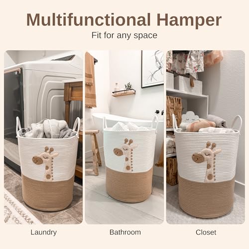 Baby Laundry Basket & Nursery Hamper – 20"x15" Large Giraffe Baby Hamper for Nursery Decor, Tall Woven Rope Dirty Clothes Laundry Hamper with Handles, Safari Animal Baby Room Storage Bin (White & Tan) - color: Giraffe