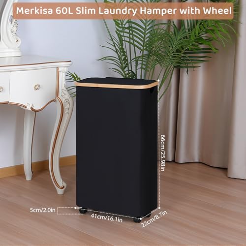 Slim Laundry Basket with Wheels,Narrow Hampers for Laundry,Freestanding Laundry Hamper with Lid&Bamboo Handles,Collapsible & Waterproof Tall Cloth Hamper for Dorm Family(60L Black) - color: Black, size: 60L with Wheels