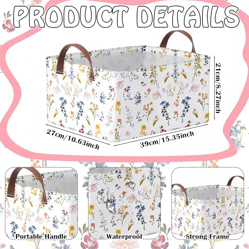 Boao 3 Pcs Watercolor Wildflowers Storage Bin Wildflowers Collapsible Large Storage Baskets for Gifts Canvas Laundry Basket Foldable Box with Handle for Office Home Bedroom Clothes - style: Light Wildflower