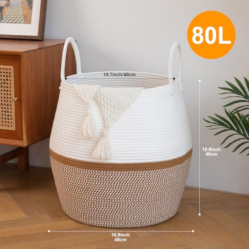 OIAHOMY 80L Blanket Basket with Handle, Storage Basket for Living Room, Laundry Hamper for Clothes, Towels, Pillows, Toy Storage for Kids and Dogs, Baby Hamper for Nursery - Brown & White - color: Brown & White, size: 80L