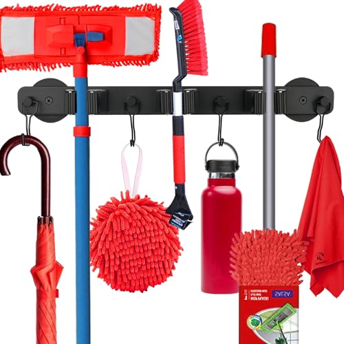 Magnetic Mop Broom Holder,Heavy Duty Movable Magnetic Wall Mount Tool Racks,No Drilling Utility Storage Shovel Hanger for Garage,Closet,Garden,Kitchen,Laundry (4 Hooks 3 Grippers,Black) - style: 4 Slot 3 Hooks Magnetic Mop Holder