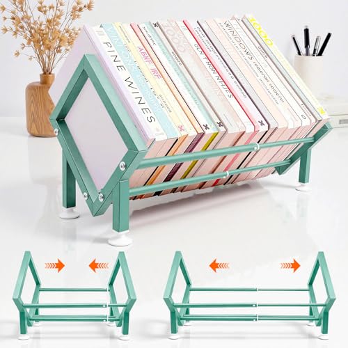 Expandable Desktop Bookshelf Organizer, Small Tabletop Book Storage Rack, Portable Green Bookshelf for Books/CDs/Magazine Display, Mini Bookcase for Top of Desk in Living Room, Office, Home Decor - color: Green